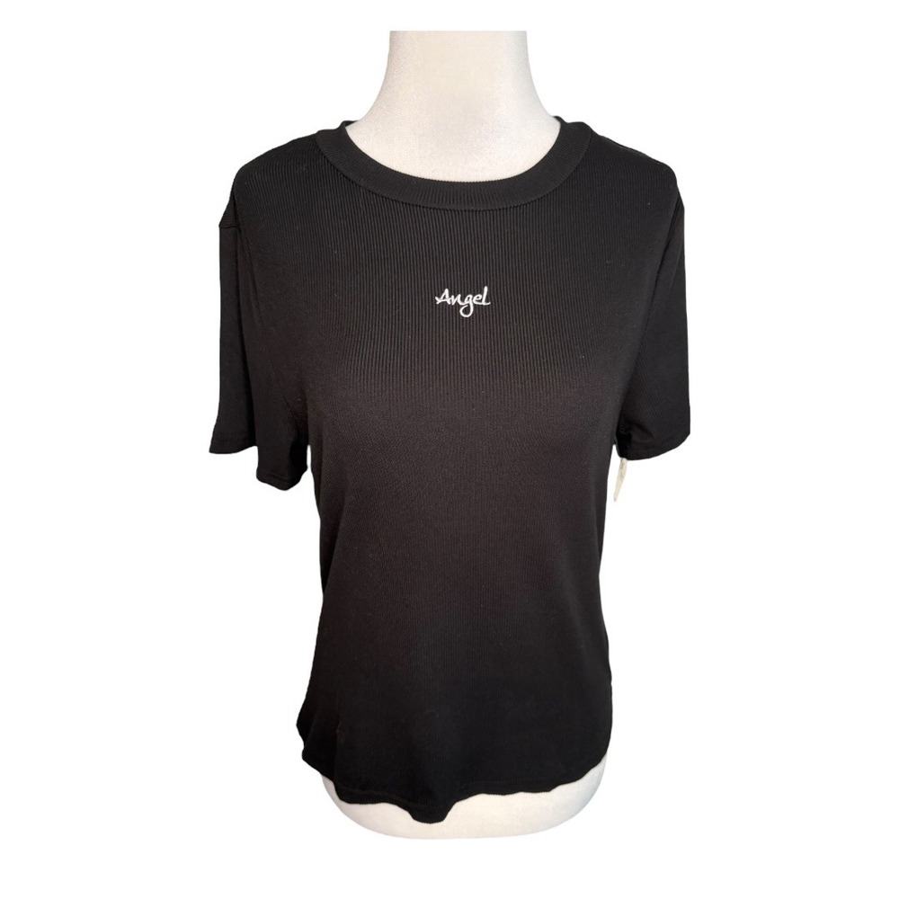 No Comment Black Ribbed Angel Embroidered Top T Shirt‎ XL Short Sleeve